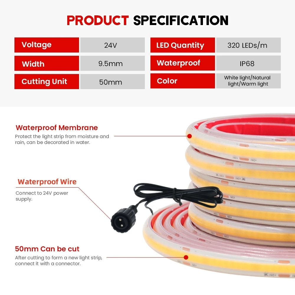 24V COB Strip IP68 Waterproof  - Outdoor Power Strip Weatherproof 评论和价格